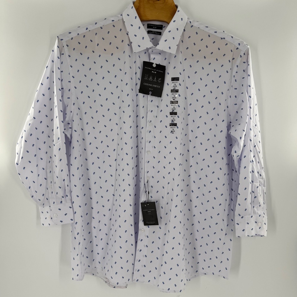 Shaquille O'Neal XLG Mens Big Fit Cooling Stretch Dress Shirt White Blue 3XL